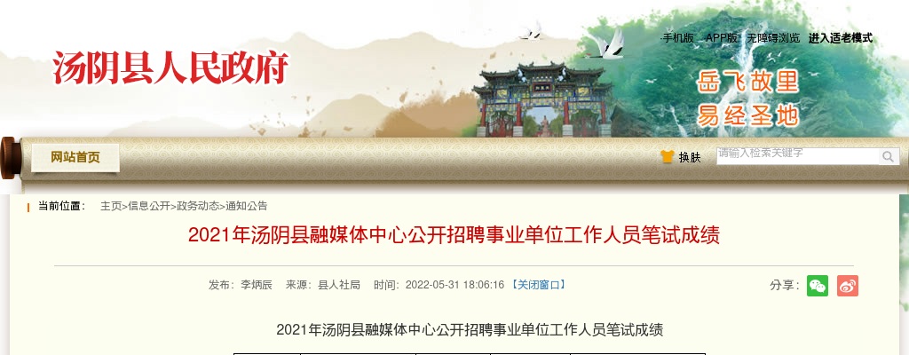2021年安阳市汤阴县融媒体中心招聘事业单位人员笔试成绩 图片