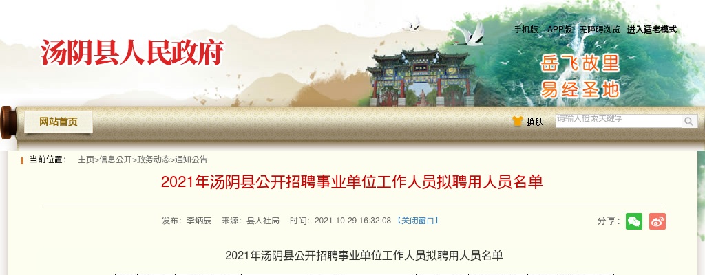2021年汤阴县公开招聘事业单位工作人员拟聘用人员名单 图片